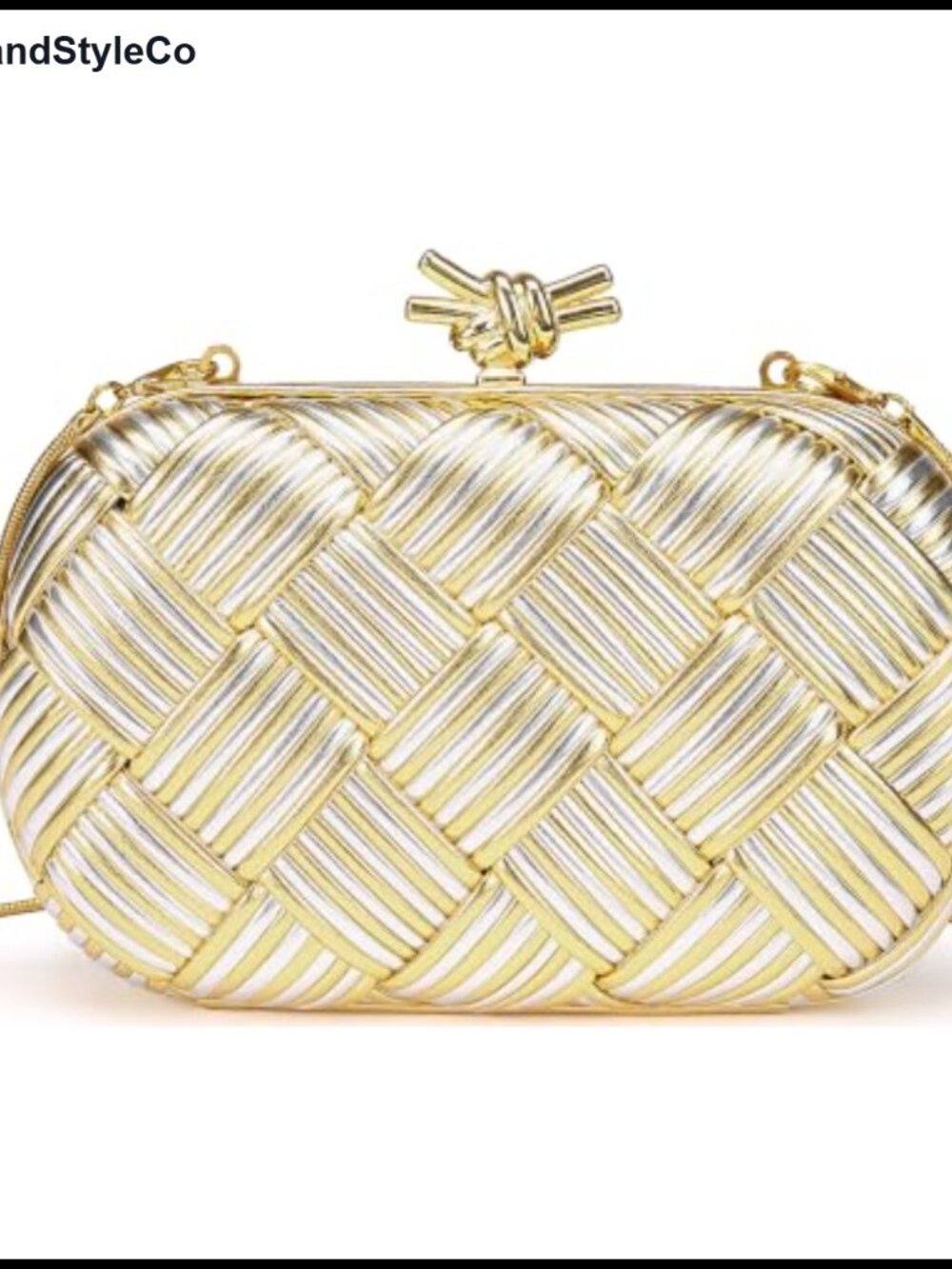 Metallic Evening Clutch with Gold Chain, PU Woven Wedding Bag